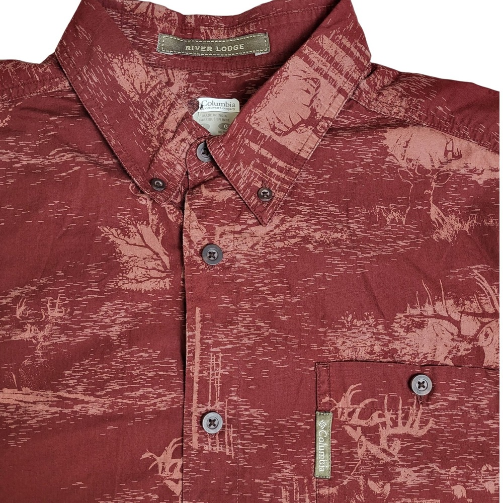 Columbia River Lodge Mens L‎ Button Up Shirt Deer Stag Nature Print Casual Hunt